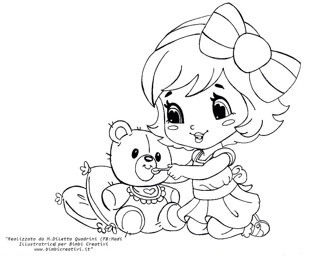 Disegno di bambina con orsacchiotto da colorare Bimbi Creativi