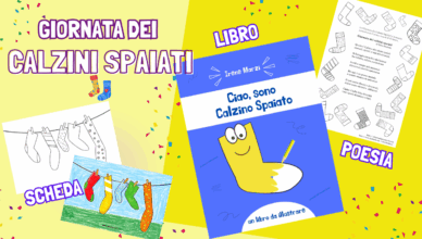 Illustrazione per bambini con calzini colorati stesi su un filo, sfondo azzurro e verde, nuvole di cotone, sole in stoffa gialla e fili d’erba in lana, realizzata con tempere e pennarelli in stile lavoretto creativo.