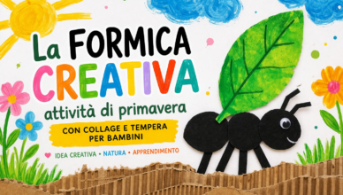 Attività primavera per bambini con formica realizzata con collage e tempere su cartoncino bianco