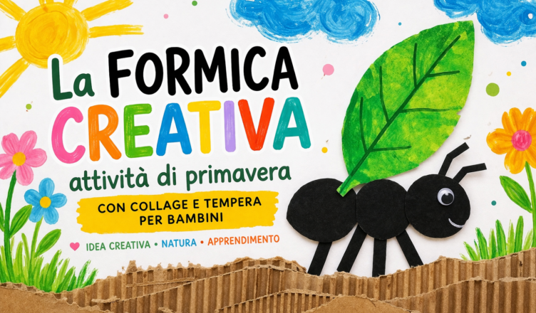 Attività primavera per bambini con formica realizzata con collage e tempere su cartoncino bianco