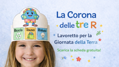 Bambina che indossa una corona delle 3 R per la Giornata della Terra con riciclo riuso e riduco lavoretto per bambini