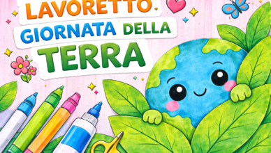 Lavoretto per la Giornata della Terra per bambini con pianeta kawaii che sbuca dalle foglie su sfondo rosa, pennarelli e materiali creativi.
