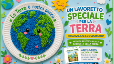 Lavoretto giornata della terra bambini con riso colorato su piatto di carta, attività creativa abbinata al libro Ascolta la Terra