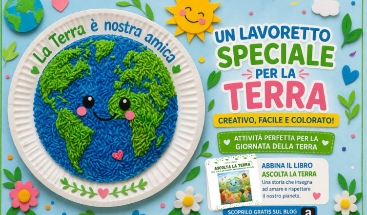 Lavoretto giornata della terra bambini con riso colorato su piatto di carta, attività creativa abbinata al libro Ascolta la Terra