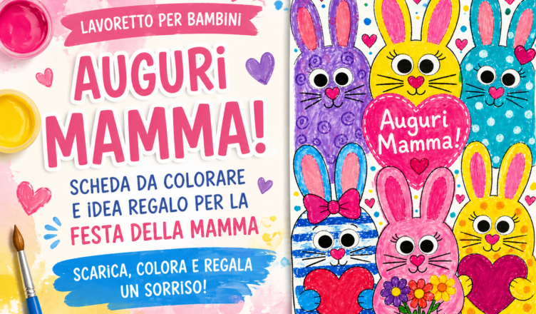 Lavoretto festa della mamma. Scheda gratis con coniglietti da colorare
