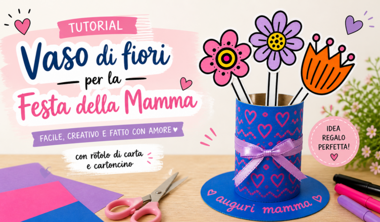 Lavoretto per la Festa della Mamma: vaso realizzato con rotolo di carta igienica blu decorato con cuori rosa, fiocco lilla e fiori di cartoncino colorati in stile moderno su base con scritta “auguri mamma”