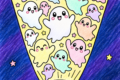 Tanti fantasmini kawaii nel fascio di luce: scheda da colorare