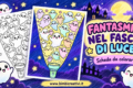 Tanti fantasmini kawaii nel fascio di luce: scheda da colorare