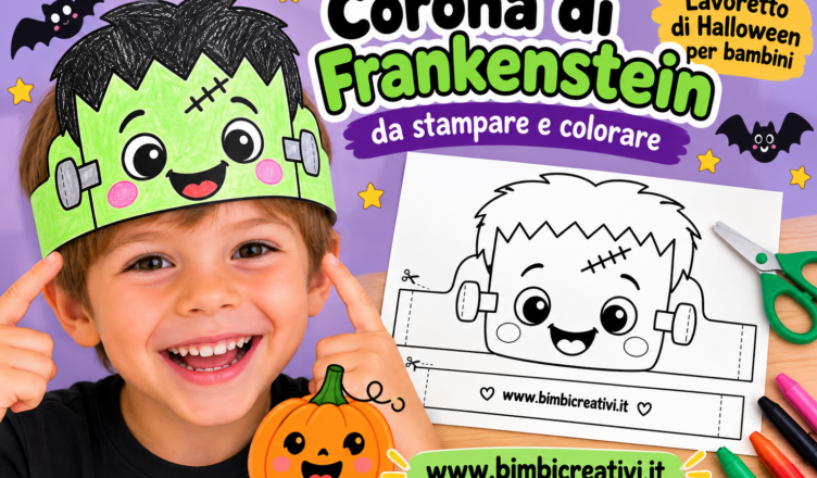 Bambino con corona di Frankenstein, lavoretto di Halloween da stampare e colorare